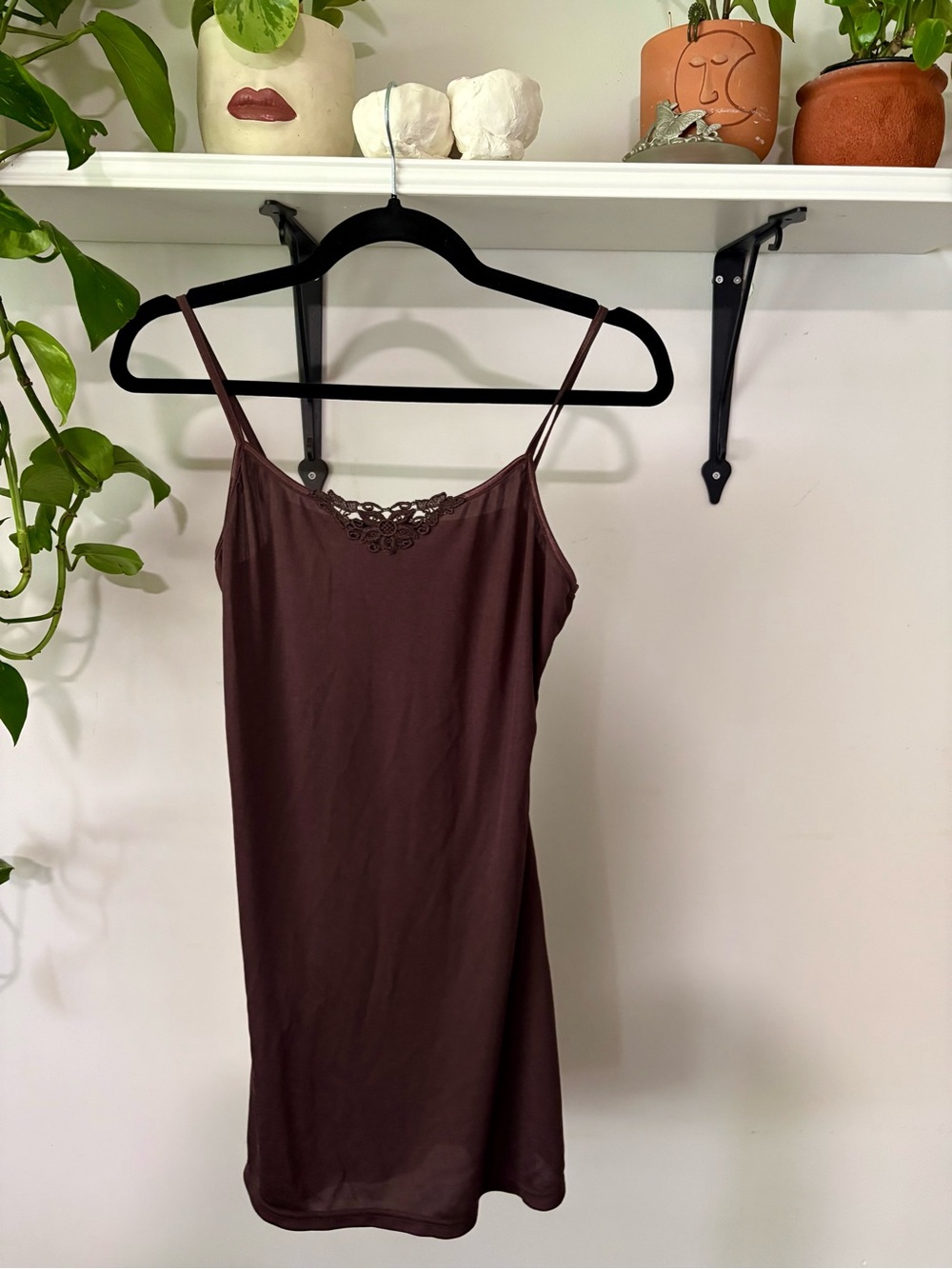 Brown Lace-Trim Slip Dress